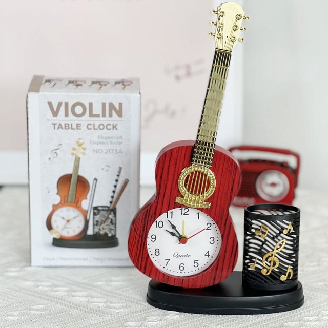 Violin Alarm Clock with Pen Holder Violin Figurine Tabletop Violin