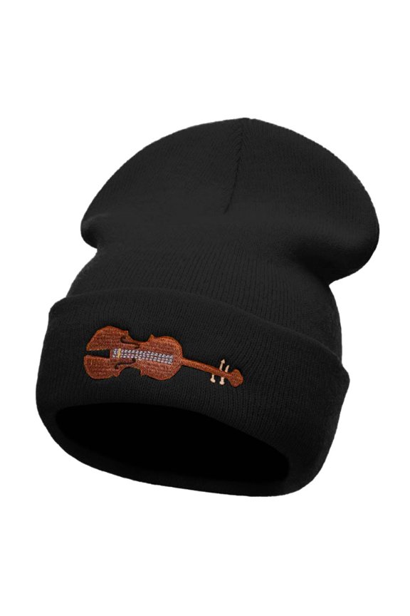 Violin Embroidered 12 Inch Long Knitted Beanie - Black OSFM