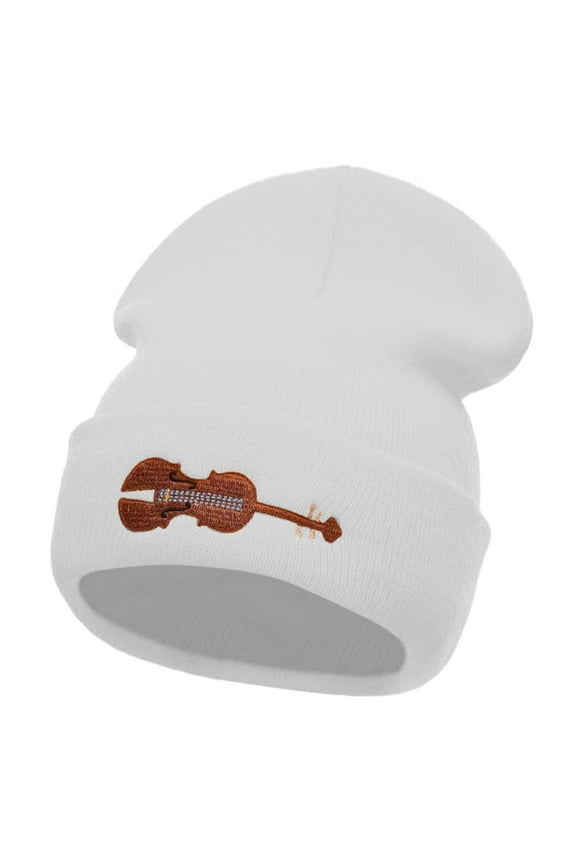 Violin Embroidered 12 Inch Long Knitted Beanie - White OSFM