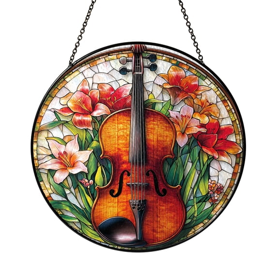 Violin Flower Stained Glass Window Panel – Decorative Window Accent