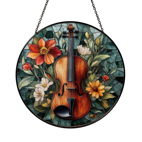 Violin Instrument Faux Stained Glass Window Hanging, Refined Music Theme Decor with Warm Artistic Style