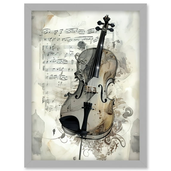 Violin Instrument and Sheet Music Modern Monochrome Watercolour Illustration Artwork Framed Wall Art Print A4