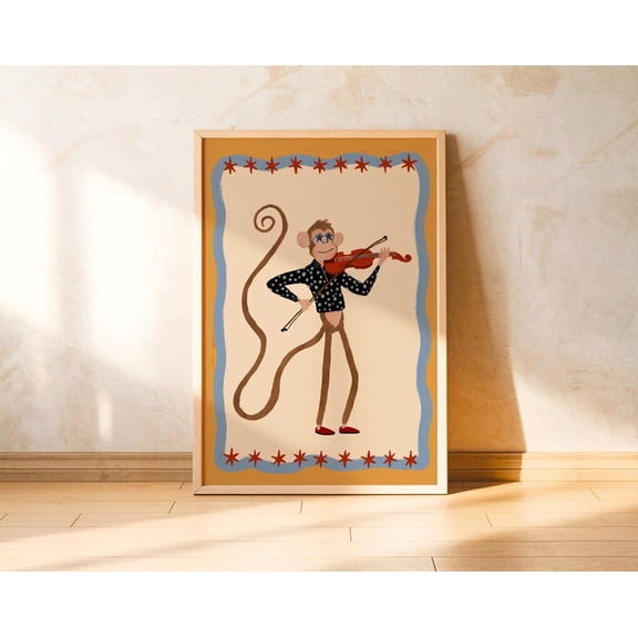 Violin Monkey Playful Music Whimsical Animal Boho Kids Room Art Poster UNFRAMED POSTER