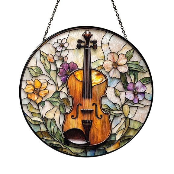 Violin Window Hanging Decor, Stained Glass Style Musical Suncatcher, Decorative Glass Panel for Windows