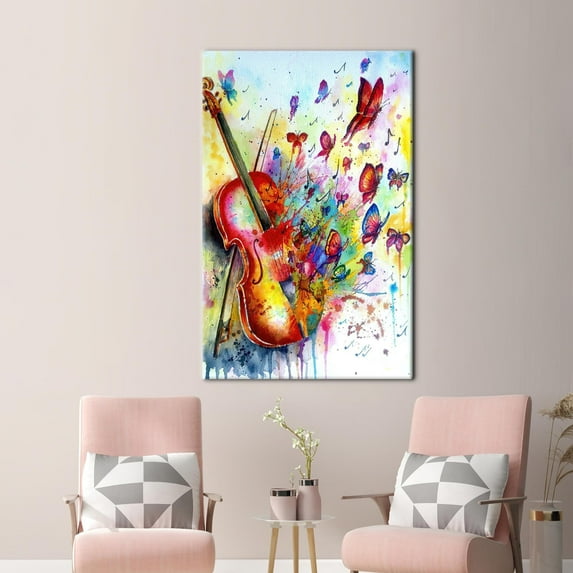 Violinist Artwork, Abstract Violin Art Canvas, Violin Poster, Abstract Butterfly Canvas Art, Violinist For Gift Poster, Canvas Wall Decor - Gold Framed