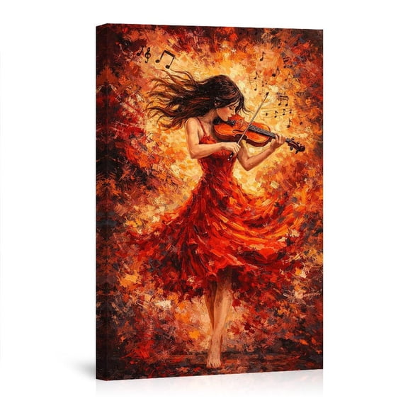 Violinist In Red Dress Musical Performance Wall Art Canvas