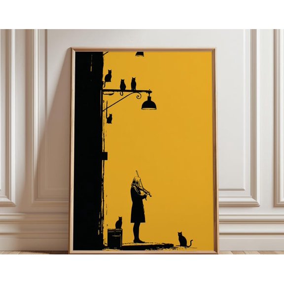 Violinist Street Scene Minimal Silhouette Black Cats Wall Art, Unframed Paper Poster 8x10in