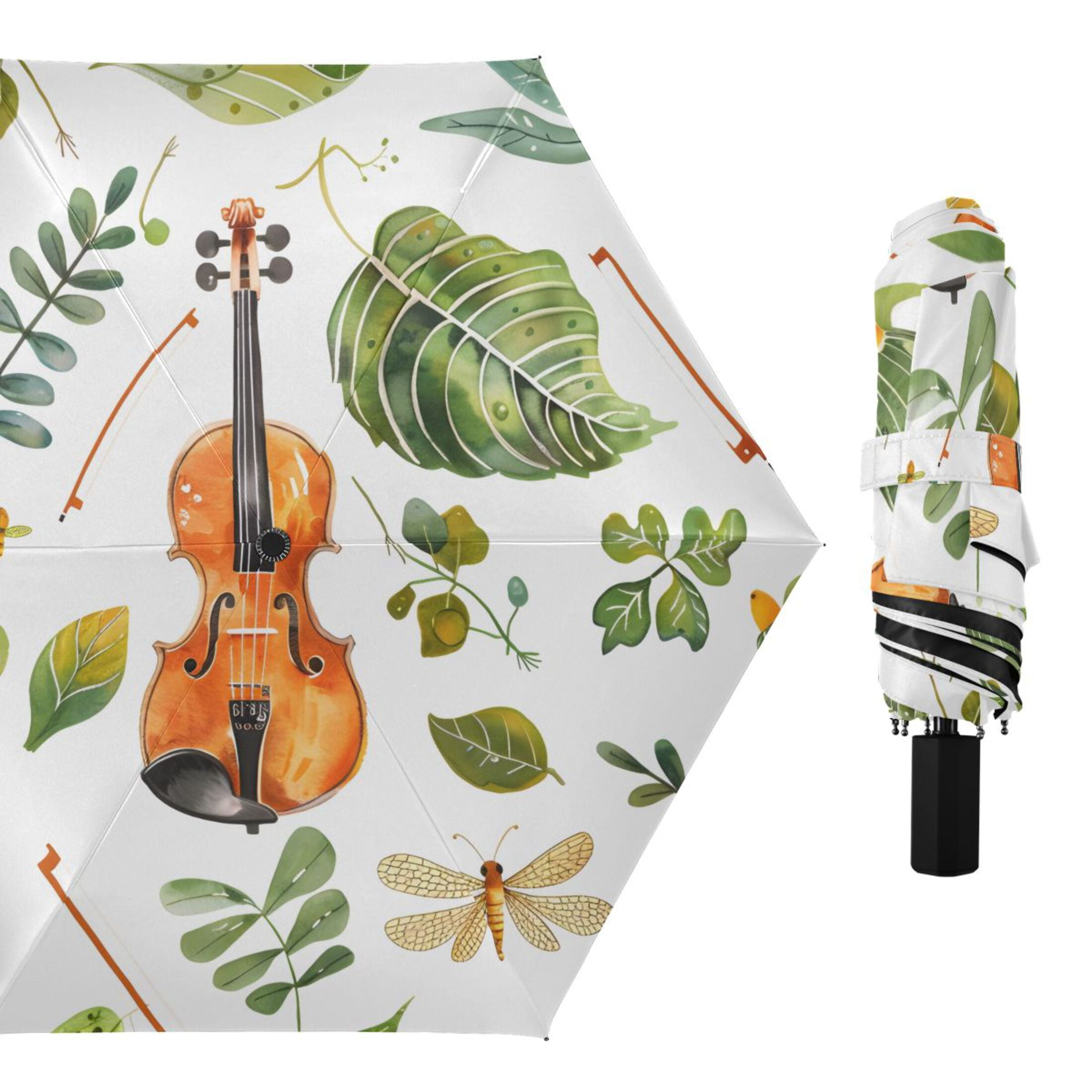 Violins and Leaves Watercolor All Weather Umbrella Triple Folding Parasol 6 Ribs UV Protection Portable