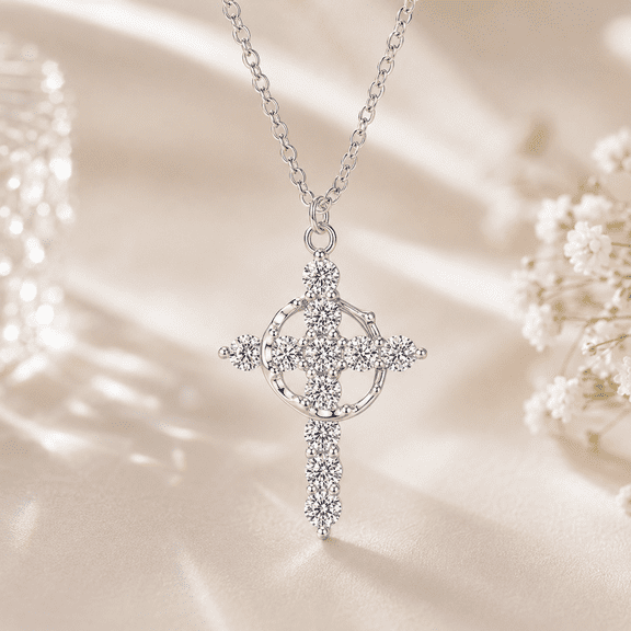 Vionarel Moissanite Cross Necklace for Women, 925 Sterling Silver White Gold Plated Pendant Necklace