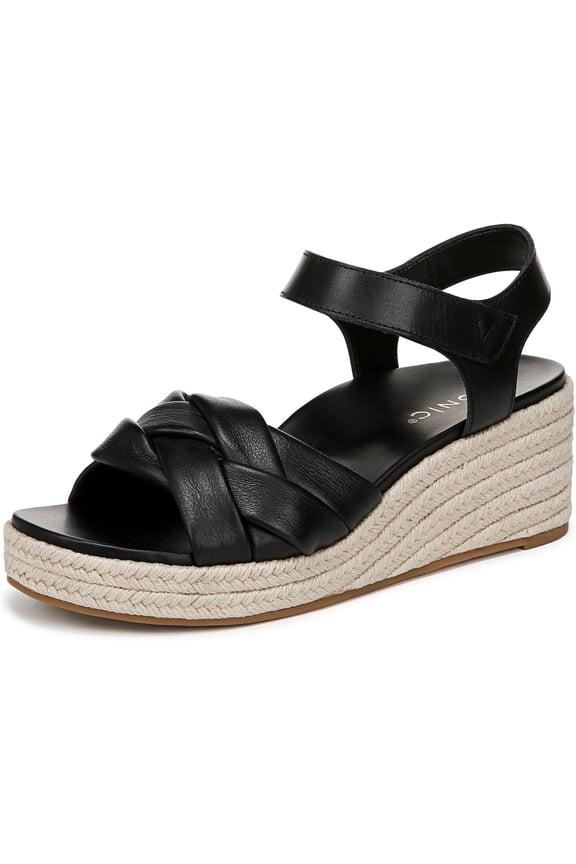 Women's Saratoga Espadrille Wedge Sandal Black Leather 10M