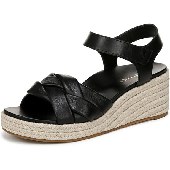 Vionic Women's Saratoga Espadrille Wedge Sandal Black Leather 6.5M