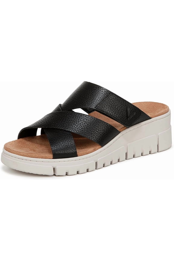Women's Uptown Sunset Wedge Slide Sandal Black Leather 8.5W