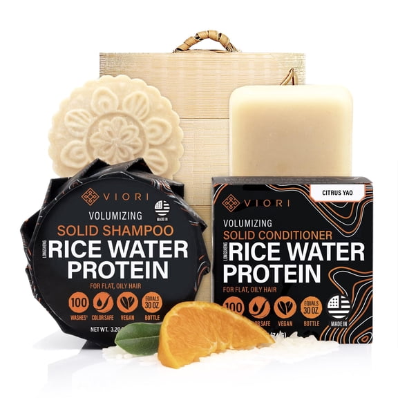Viori The Foundation Bundle - Citrus Yao Shampoo and Conditioner Rice Water Bar Set with Bamboo Holder