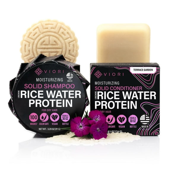 Viori Terrace Garden Shampoo and Conditioner Bar Set Made with Rice Water - Handcrafted Sulfate Free Shampoo and Conditioner