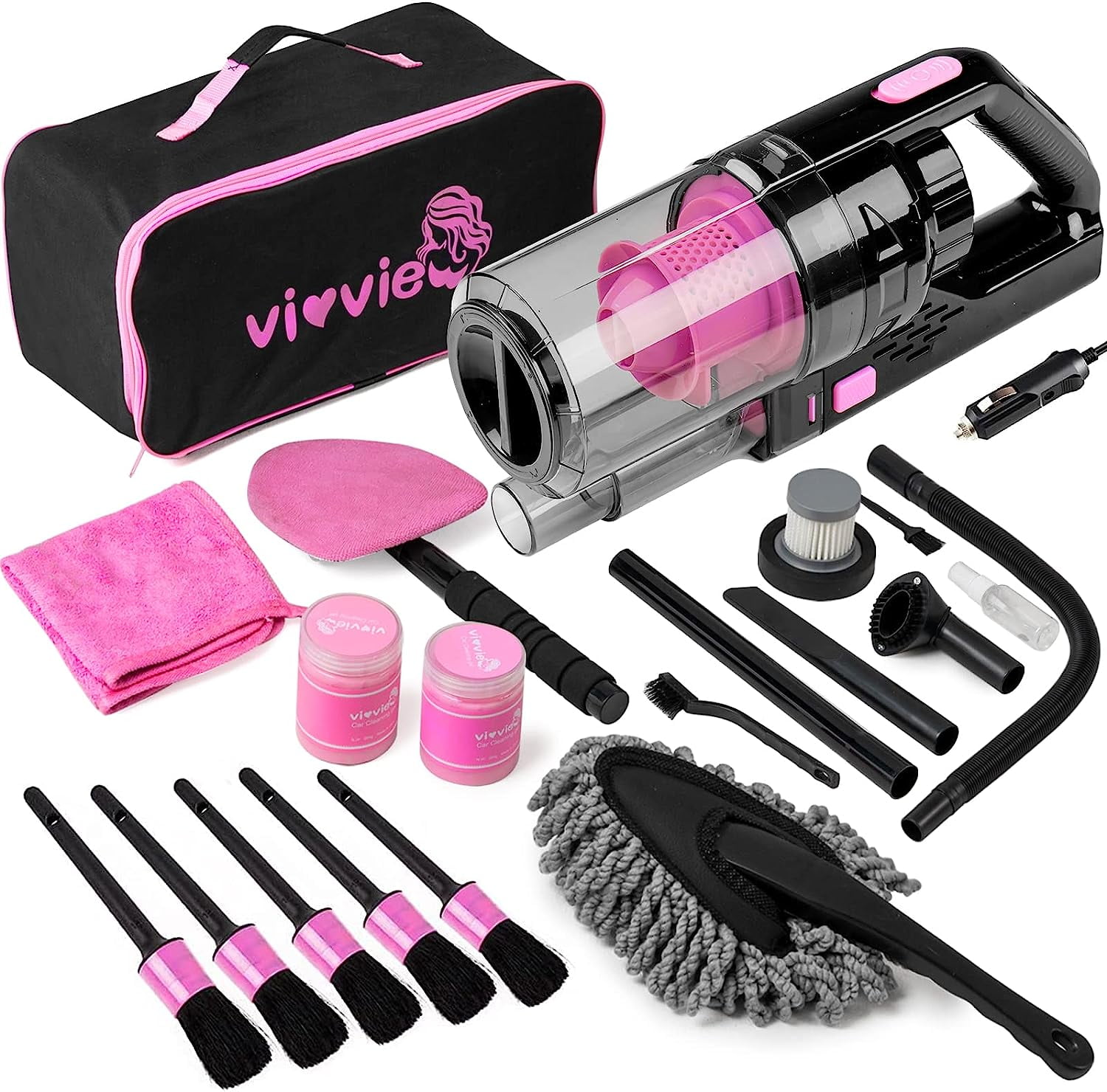 Viewsun 17pcs Car Cleaning Kit, Pink Car Interior Detailing Kit with High  Power