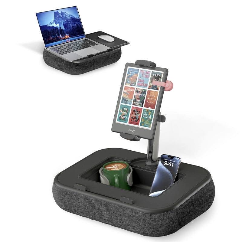Viozon Pillow Stand with 360° Arm for Laptop, Tablet & Phone, with Mouse Pad, Cup & Snack Holder, Fits 4.7–13" Phone/Tablet and 10–15" Laptops, Black