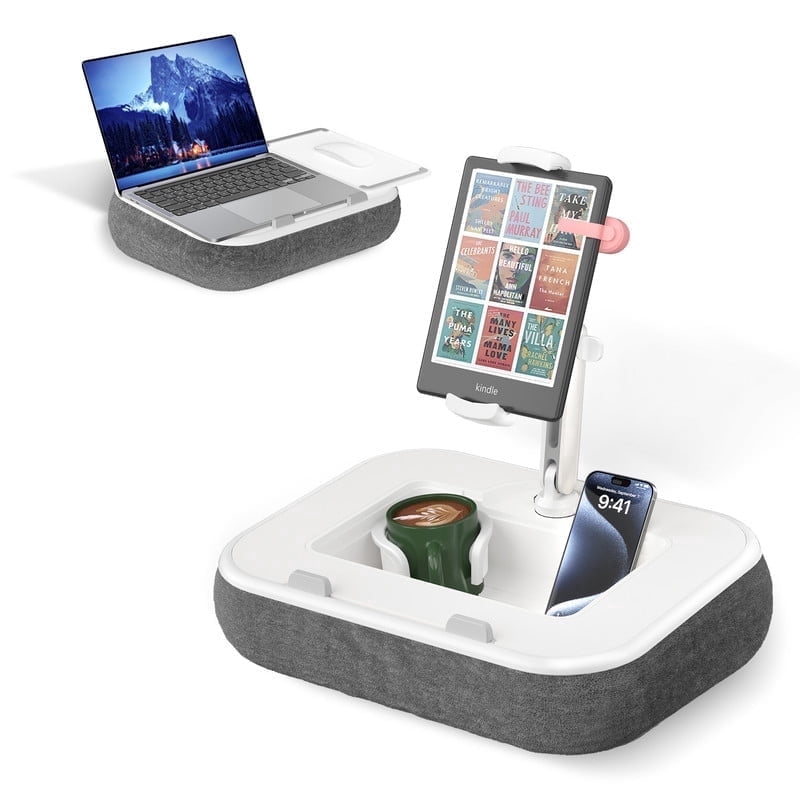 Viozon Pillow Stand with 360° Arm for Laptop, Tablet & Phone, with Mouse Pad, Cup & Snack Holder, Fits 4.7–13" Phone/Tablet and 10–15" Laptops