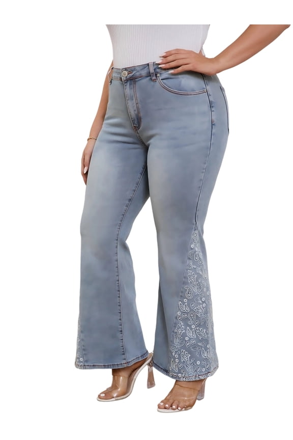 High Waist Flare Cut Embroidered Panels Jeans Women's Plus Size