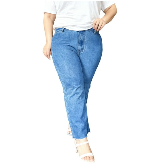 VipHoney Women’s High-Stretch Straight Jeans – 9/10 Length, Classic Washed Blue Denim, Plus Size Friendly (S)