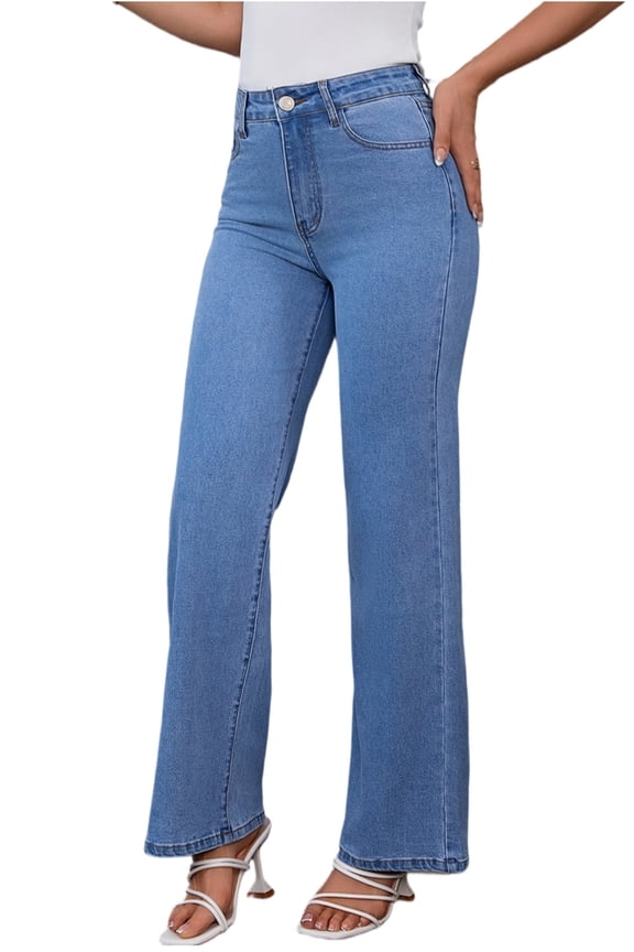 Women’s High-Waisted Stretch Denim Pants – Light Blue Straight Jeans, Comfy Everyday Fit, Sizes L