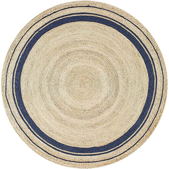 Vipanth Exports Round Jute Rug Beige with Blue Line, Area Rug For Home Decor ( 3x3 Feet)