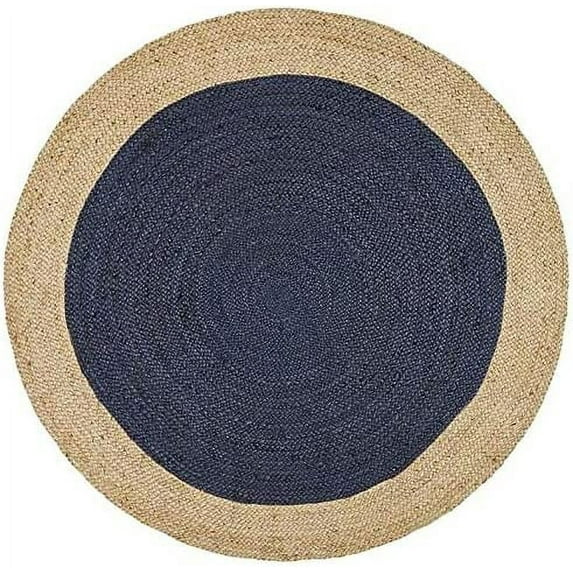 Vipanth Exports Round Jute Rug Blue with Beige Border, Handmade Area Rug For Home Decor ( 3x3 Feet)