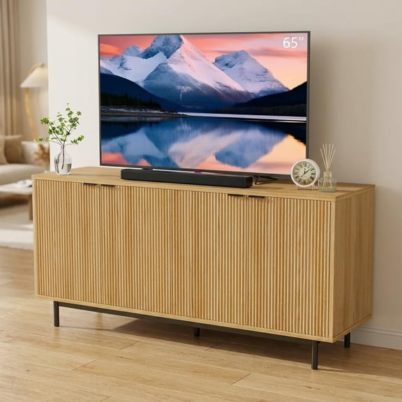 Vipbear 58 Inch TV Stand for 65 Inch TV, Modern Fluted Sideboard Buffet Cabinet with Storage, Natural Wood Media Console Table with 4 Doors and Adjustable Shelves for Living Room and Bedroom Decor