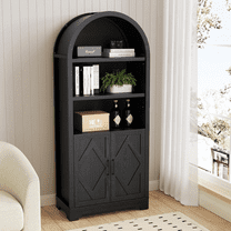 Vipbear 70" Arched Cabinet, 5 Tier Arch Bookcase, Tall Pantry Wood Display Cabinet with Doors&Adjustable Shelve for Living Bed Room Kitchen