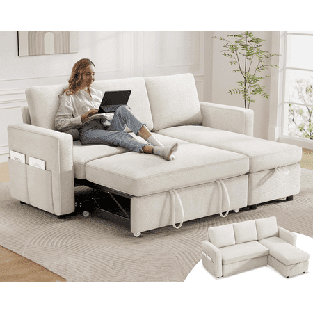 Vipbear 81" Sleeper Sofa Bed with Pull Out Bed, L Shaped Couch Sectional Sleeper Sofa, Pull Out Couch with Reversible Storage Chaise, Side Pockets, Chenille Beige
