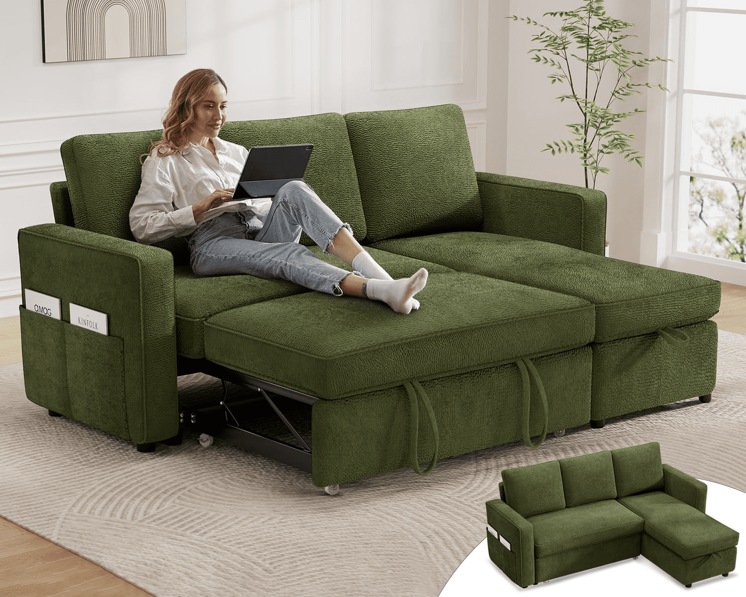 Vipbear 81" Sleeper Sofa Bed with Pull Out Bed, L Shaped Couch Sectional Sleeper Sofa, Pull Out Couch with Reversible Storage Chaise, Side Pockets, Chenille Green