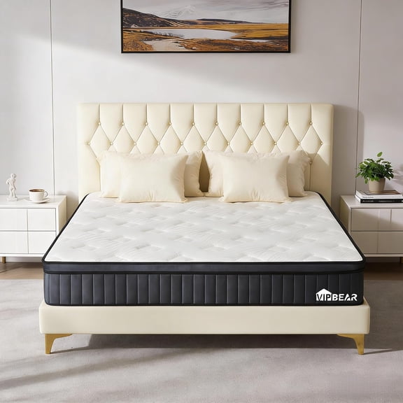 Vipbear Full Size Mattress 10 Inch, Hybrid Mattress in a Box, Individual Pocket Springs, Medium Firm Feel for Pressure Relief, Back Pain, Soft and Breathable, CertiPUR-US Certified, Dark Gray&White