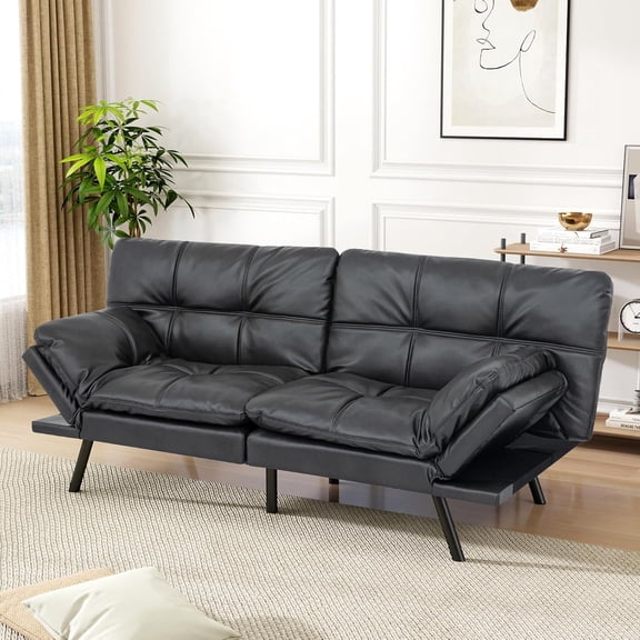 Vipbear Futon Sofa Bed Couch, 71" Convertible Sofa Bed, Space-Saving Loveseat with Adjustable Backrest & Armrest for Living Room,Apartment,Office,Matte Black Sleeper Sofa