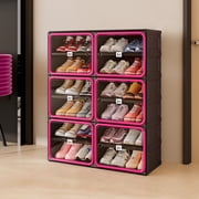 Vipbox 6 - Tier Collapsible Shoe Rack for 24 Pairs - No Assembly Needed. Foldable Shoe Storage Cabinet with Doors, Ideal Large Shoe Organizer for Closet, Black & Rose Red