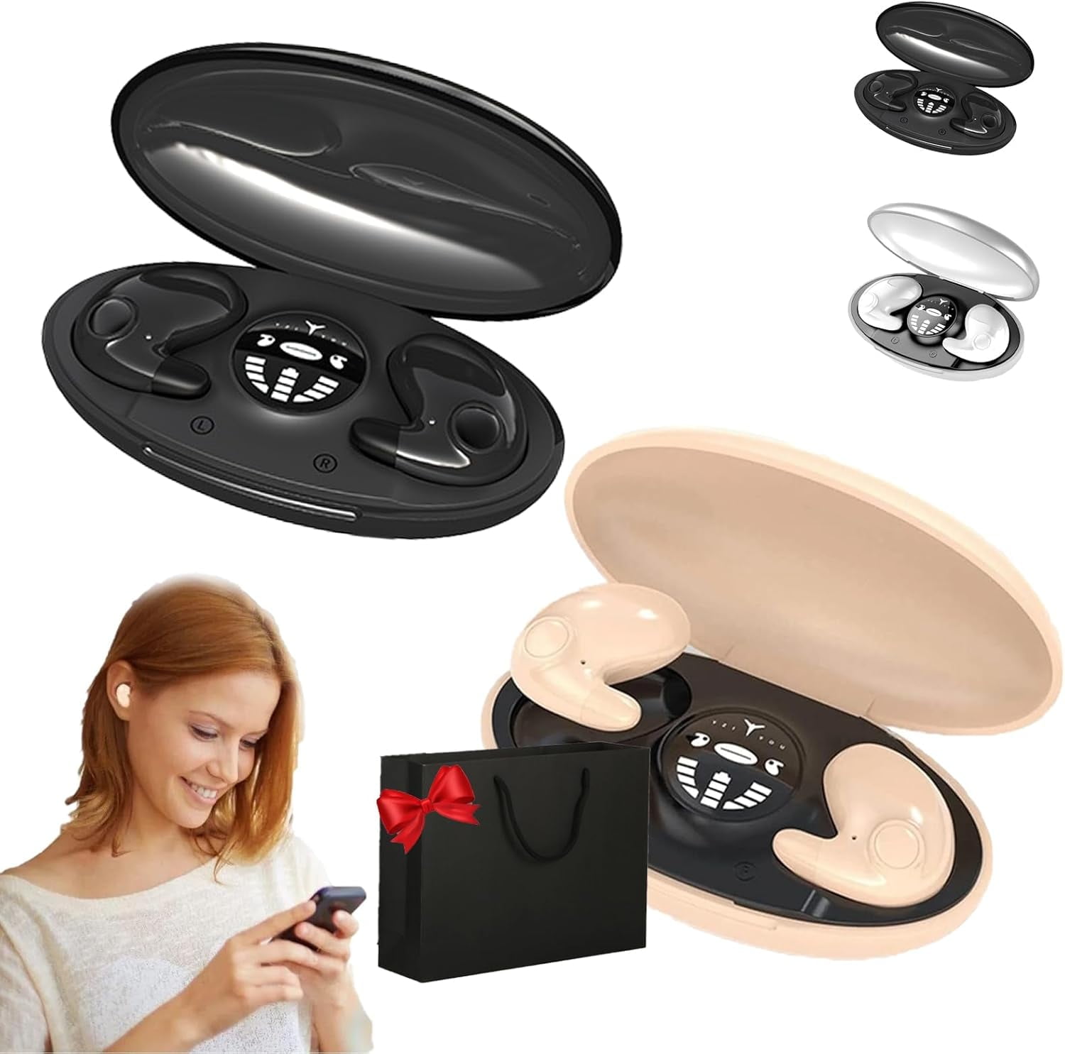 Vipbugo Invisible Sleep Wireless Earphone Ipx5 Waterproof, Vipbu Sleeping Earbuds for Side Sleepers Built-in Mic, Thin Invisible Sleep Earbuds for Sleep, Work, Music, Family (Black+Beige)