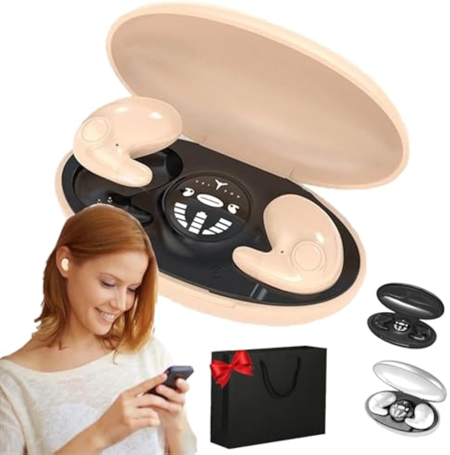 Vipbugo Invisible Sleep Wireless Earphone Ipx5 Waterproof, Vipbu Sleeping Earbuds for Side Sleepers Built-in Mic, Thin Invisible Sleep Earbuds for Sleep, Work, Music, Family (Beige)