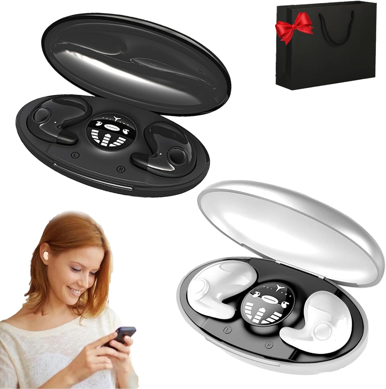 Vipbugo Invisible Sleep Wireless Earphone Ipx5 Waterproof, Vipbu Sleeping Earbuds for Side Sleepers Built-in Mic, Thin Invisible Sleep Earbuds for Sleep, Work, Music, Family (Black+White)