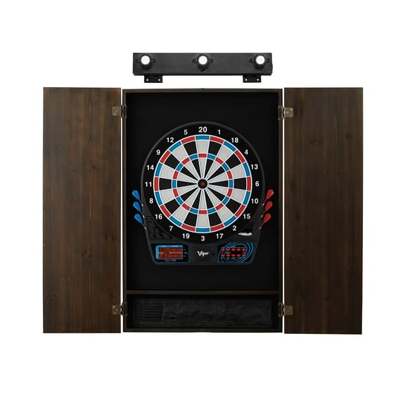 Viper 777 Electronic Dartboard, Metropolitan Espresso Cabinet & Shadow Buster Dartboard Light Bundle