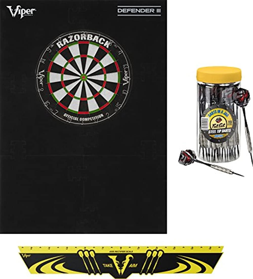 Viper Defender III Backboard Sisal Bristle Steel Tip Dartboard Bundle Elite Set Razorback Dartboard Defender III Backboard Edge Throw Line 21pc Jar of Darts