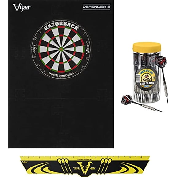 Viper Defender III Backboard Sisal Bristle Steel Tip Dartboard Bundle Elite Set Razorback Dartboard Defender III Backboard Edge Throw Line 21pc Jar of Darts