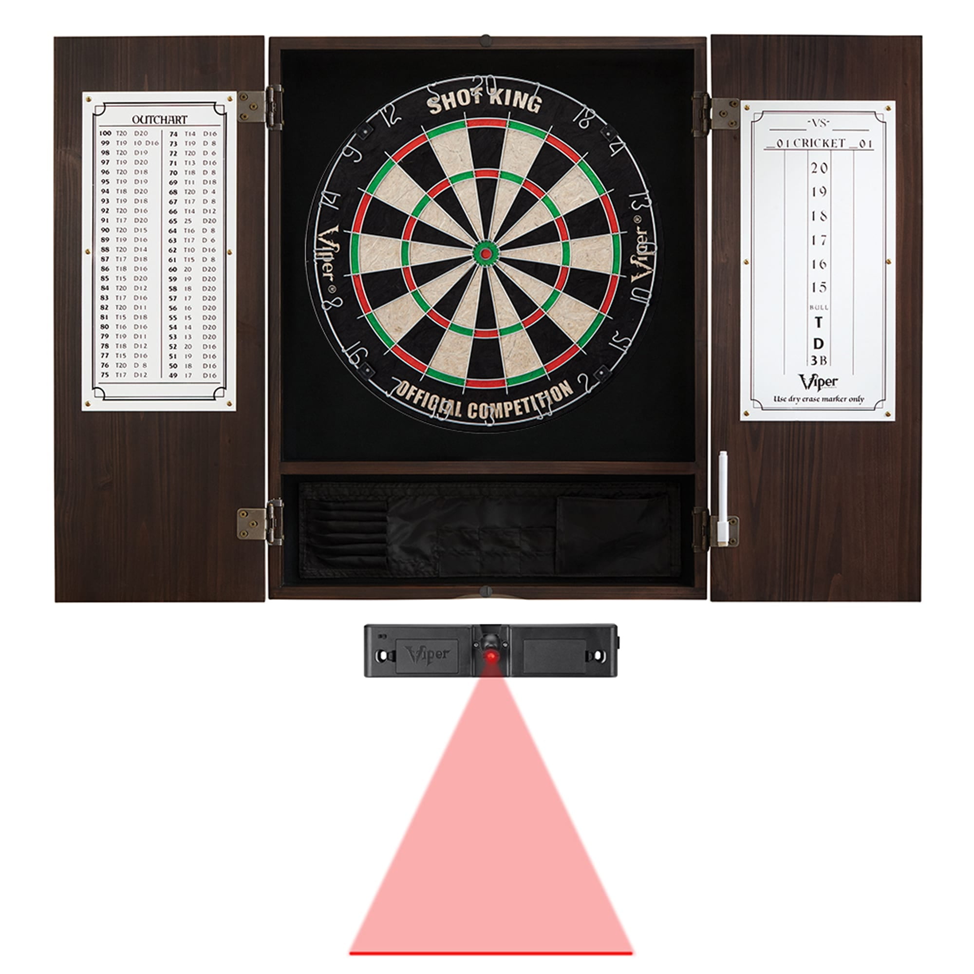 Viper Espresso Metropolitan Steel Tip Cabinet, Viper Shot King Bristle Dartboard, and Throw Line Light