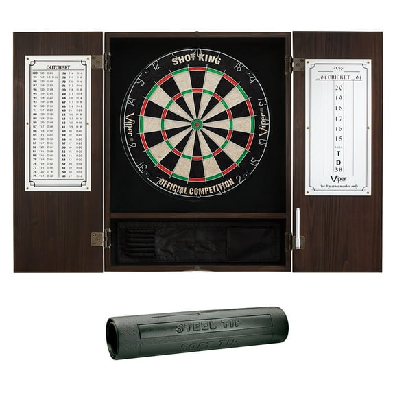 Viper Espresso Metropolitan Steel Tip Cabinet, Viper Shot King Bristle Dartboard, and Viper Vinyl Dart Mat