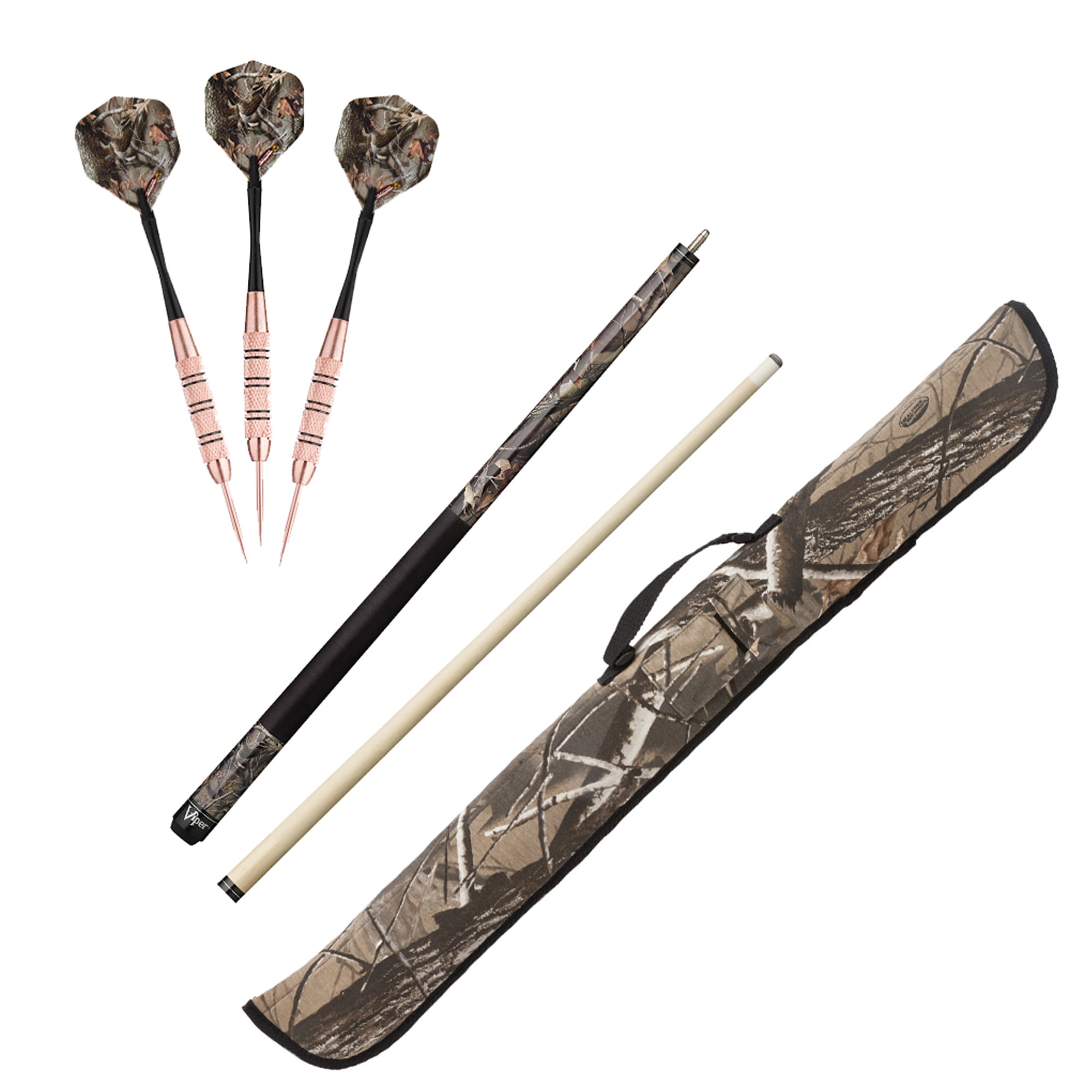Viper Fat Cat Realtree Hardwoods HD Steel Tip Darts 23 gram, Realtree Hardwoods HD Junior Cue, and Realtree Hardwoods HD Soft Cue Case