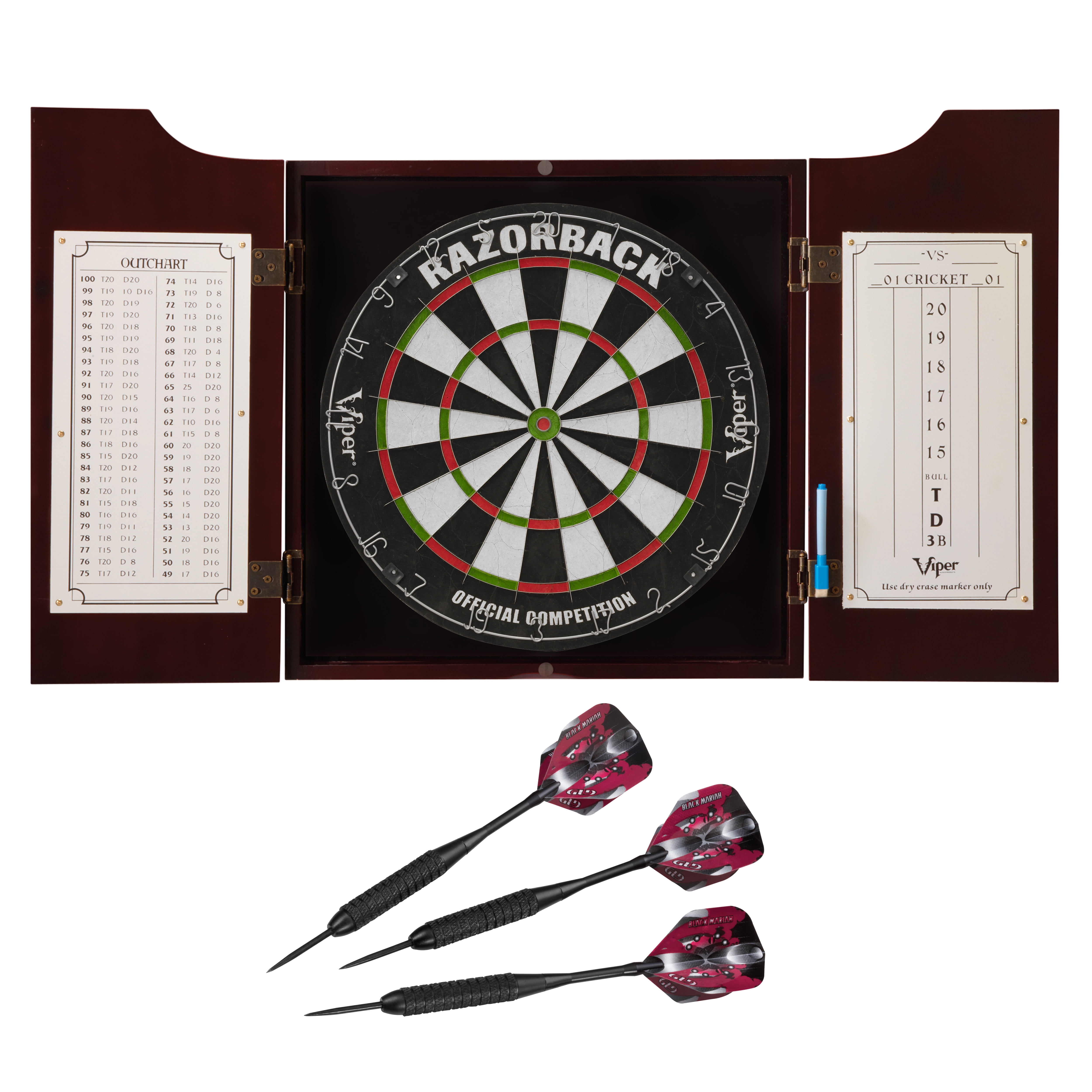 Hudson Mahogany Bristle Dartboard Cabinet Set with Steel Tip Darts