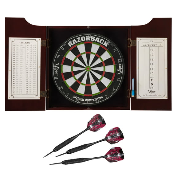 Viper Hudson Dartboard Cabinet, Viper Razorback Sisal Dartboard, and Viper Black Mariah Steel Tip Darts 22 Grams