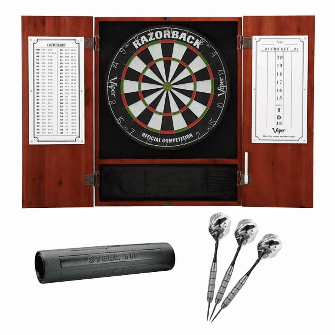 Viper Metropolitan Cinnamon Steel Tip Dartboard Cabinet, Viper Razorback Sisal Dartboard, Viper Underground Raven Steel Tip Darts 25 Grams, and Viper Vinyl Dart Mat