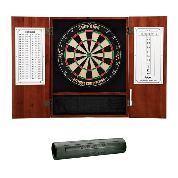 Viper Metropolitan Cinnamon Steel Tip Dartboard Cabinet, Viper Shot King Bristle Dartboard, and Viper Vinyl Dart Mat