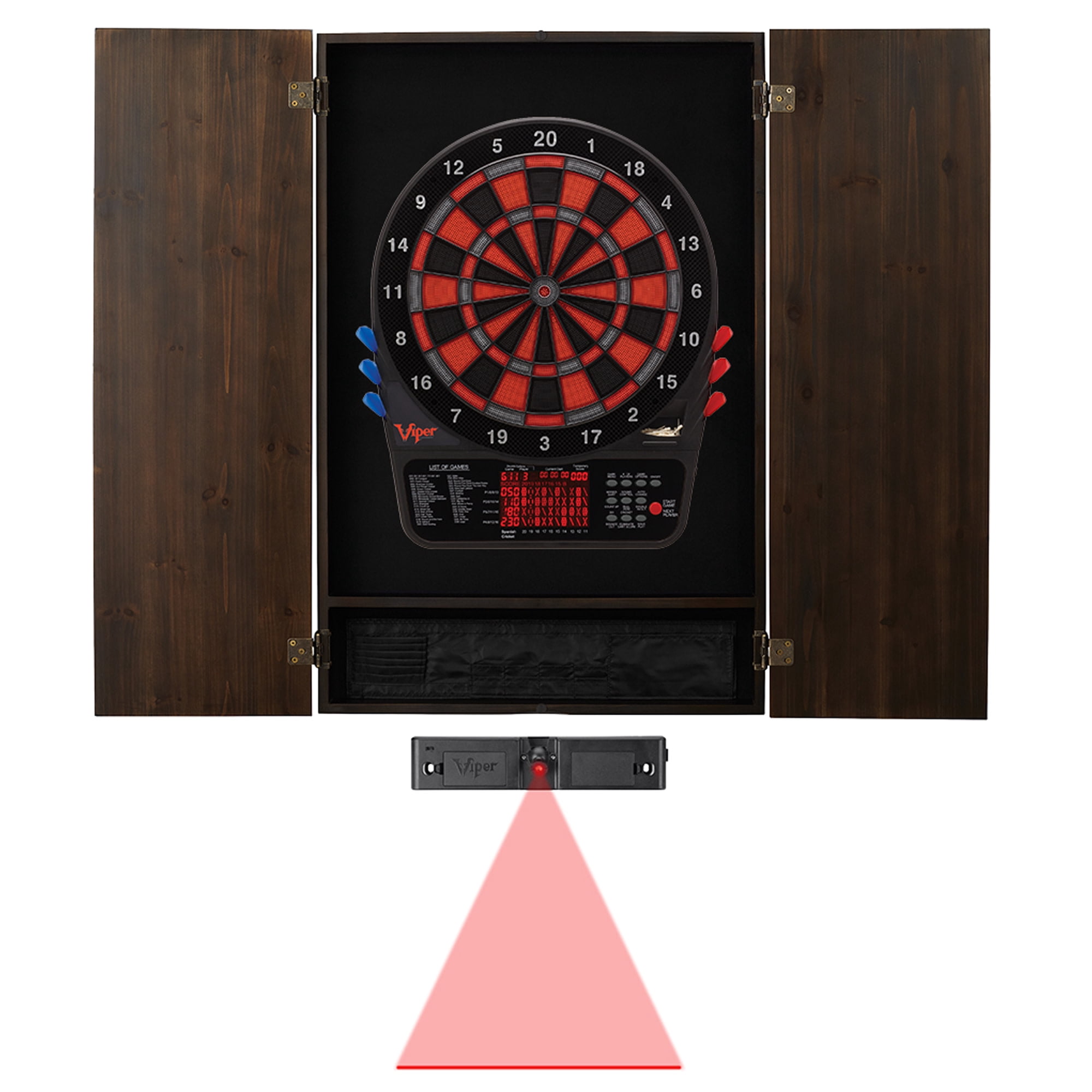 Viper Metropolitan Espresso Soft Tip Dartboard Cabinet, Viper 800 Electronic Dartboard, and Viper Dart Laser Line