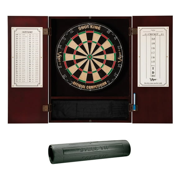Viper Metropolitan Mahogany Steel Tip Dartboard Cabinet, Viper Shot King Bristle Dartboard, and Viper Vinyl Dart Mat