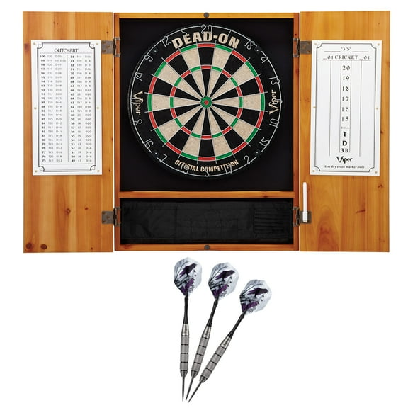 Viper Metropolitan Oak Steel Tip Dartboard Cabinet, Viper Dead-On Bristle Dartboard, and Viper Underground Raven Steel Tip Darts 25 Grams