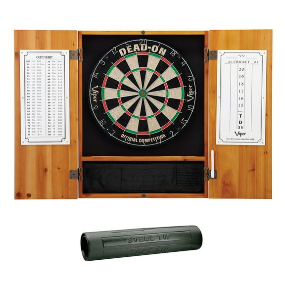 Viper Metropolitan Oak Steel Tip Dartboard Cabinet, Viper Dead-On Bristle Dartboard, and Viper Vinyl Dart Mat